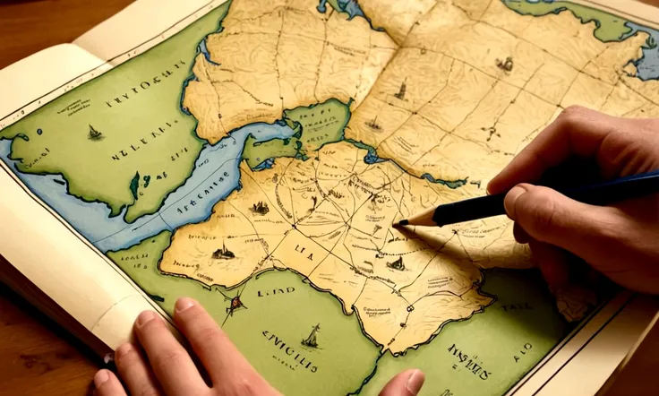 Draw a map while holding it with two hands, yellowed pages with various drawings, as if showing a way to find something.