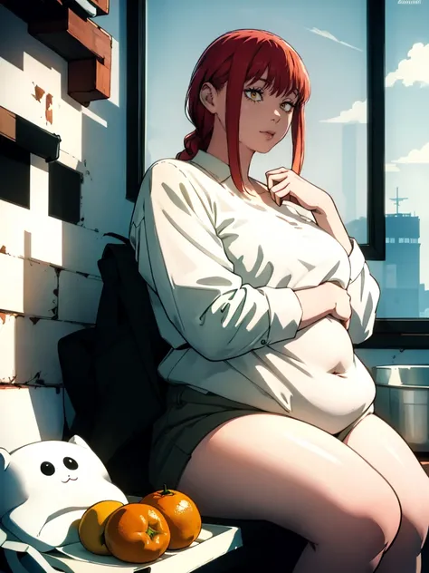 Le personnage Makima de la série animée Chainsaw Man, fragile, obésité morbide, ssbbw, pleine longueur (corps entier 1.1.), fond sombre, obscurité, anatomie correcte 1.1, anatomie correcte de la main, Très féminin, corps gras et rond, grosses Jambes, fesse...