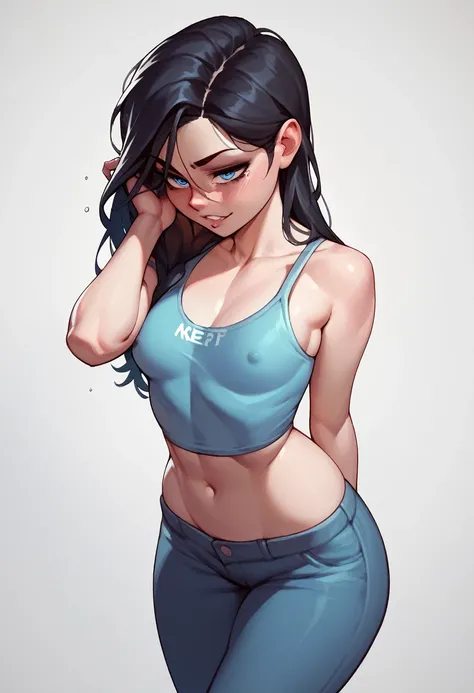 Curvy blue eyed girl with long wavy black hair and small breasts, extreme:3.0, lewd:3.0