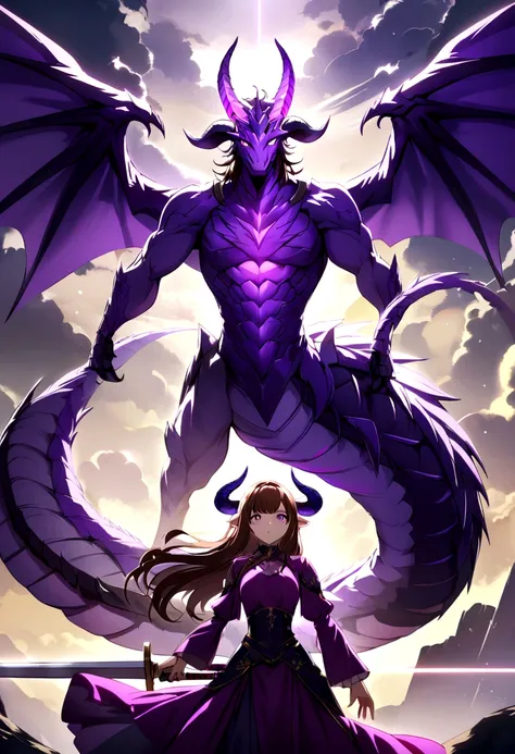 Make an anime character that is a humanized dragon with medium wavy brown hair, purple eyes , purple goat horns, purple dragon tail and purple clothes with a sword