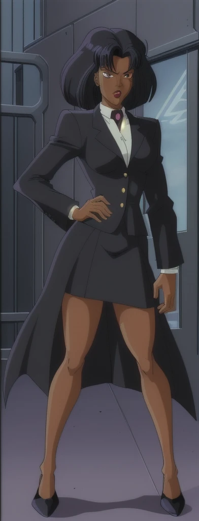 90s style Anime Evil black skinned business woman in a skirt suit 