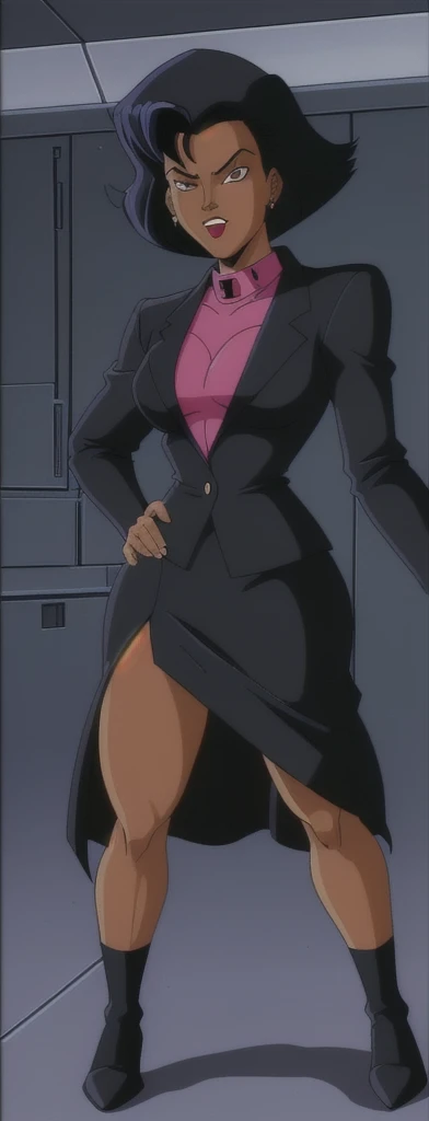 90s style Anime Evil black skinned business woman in a skirt suit 