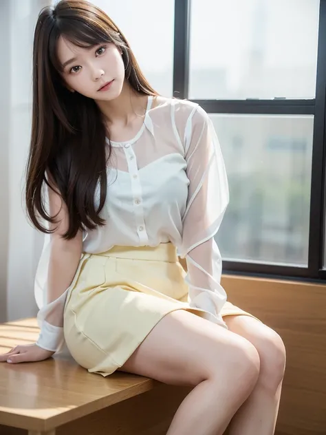 White Office、Mid-length skirt 、Sheer blouse、(Highest quality)、((Very detailed))、4K、(8K)、masterpiece、Very detailedな、Highest quality、Super Resolution、1 person、Kind Face、Soft Light、RAW quality、Soft Skin、163cm、30 years old、knees