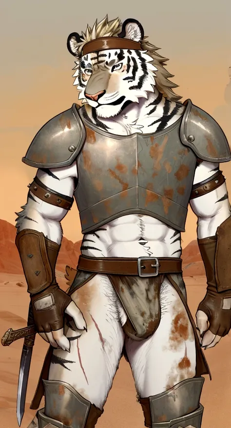 Solo Sexy anthro furry tiger male mercenary medieval solider, slim endomorph muscular handsone model male apperance, headband, sword scars, worn out rusty skimpy armament, low on hips heavy leather belt, old very worn out skimpy dirty linen material jockst...