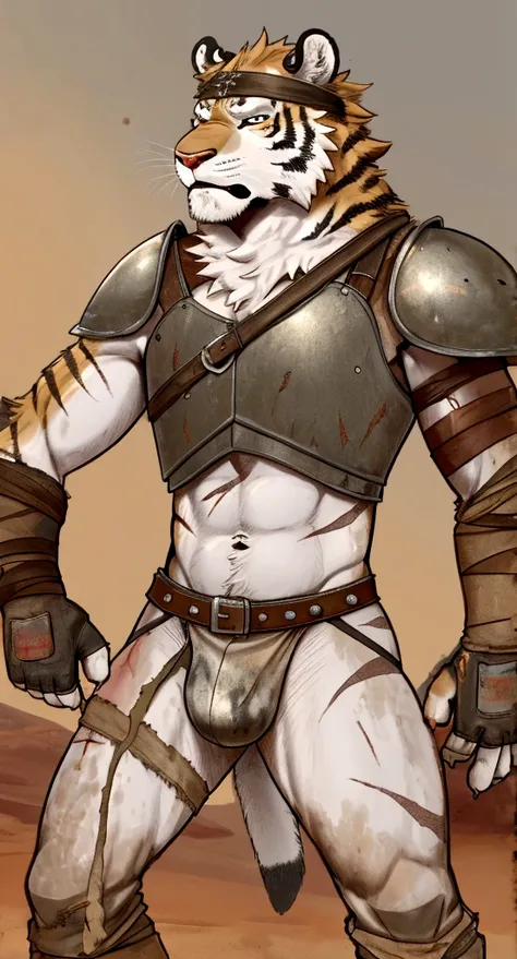 Solo Sexy anthro furry tiger male mercenary medieval solider, slim endomorph muscular handsone model male apperance, headband, sword scars, worn out rusty skimpy armament, low on hips heavy leather belt, old very worn out skimpy dirty linen material jockst...