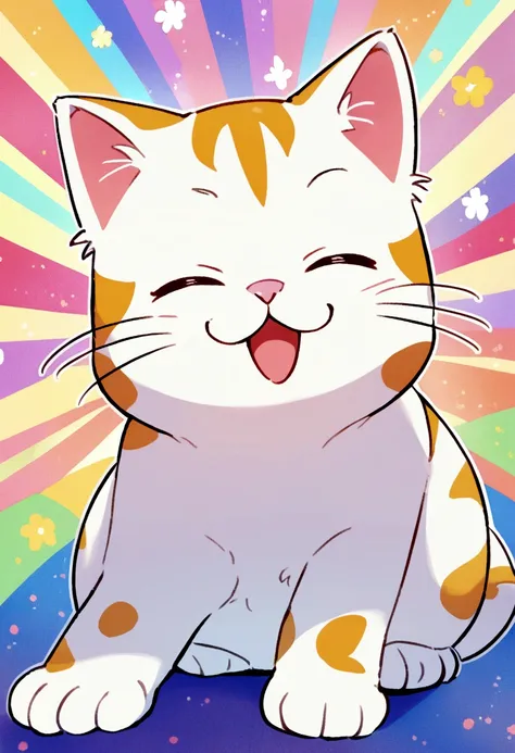 Image of a happy and smiling cat, with my eyes almost closed, I was so happy, with a cartoon-style background