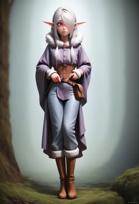 ((Best Quality)), (Masterpiece)), (Details: 1.4), Absurd Resolution, High Resolution, (Masterpiece: 1.4), Ultra Detailed, detailed gnome girl with pale skin, short stature, very long waist length silver hair that curls at the ends, covering one eye, with s...