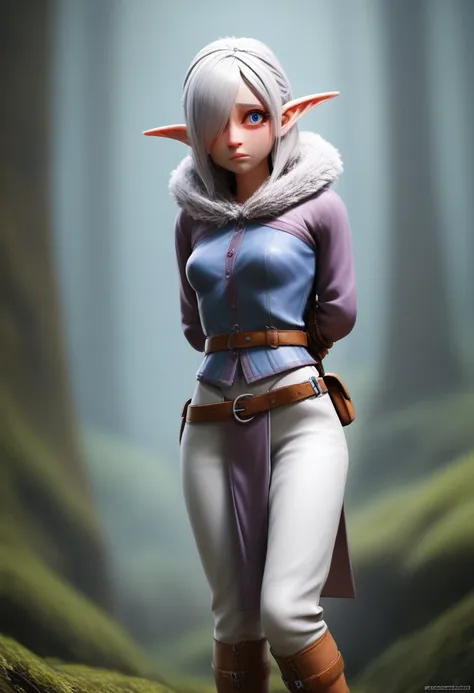 ((Best Quality)), (Masterpiece)), (Details: 1.4), Absurd Resolution, High Resolution, (Masterpiece: 1.4), Ultra Detailed, detailed gnome girl with pale skin, short stature, very long waist length silver hair that curls at the ends, covering one eye, with s...