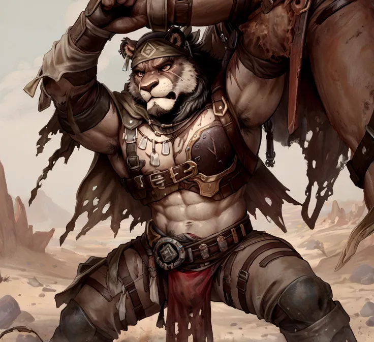 Solo Sexy anthro furry lion male mercenary medieval solider, slim endomorph muscular handsone model male apperance, headband, sword scars, worn out rusty skimpy armament, low on hips heavy leather belt, old very worn out skimpy dirty linen material jockstr...