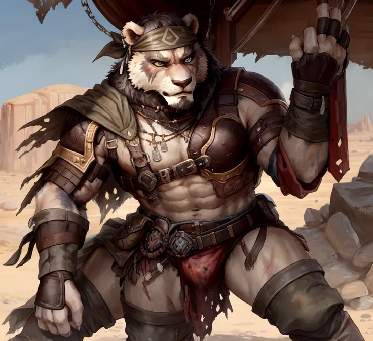 Solo Sexy anthro furry lion male mercenary medieval solider, slim endomorph muscular handsone model male apperance, headband, sword scars, worn out rusty skimpy armament, low on hips heavy leather belt, old very worn out skimpy dirty linen material jockstr...