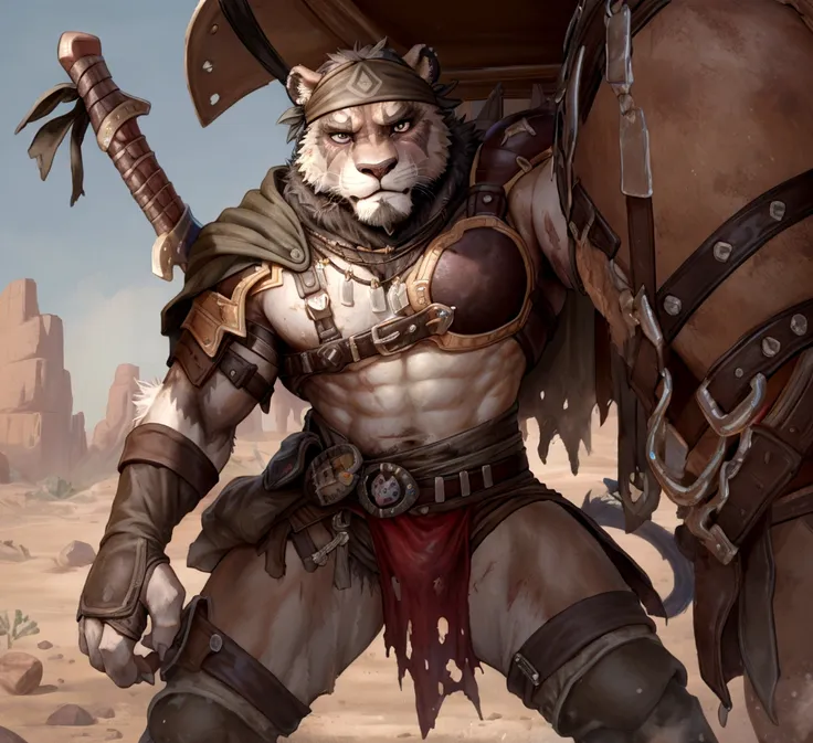 solo sexy anthro furry lion male mercenary medieval solider, slim endomorph muscular handsone model male apperance, headband, sw...