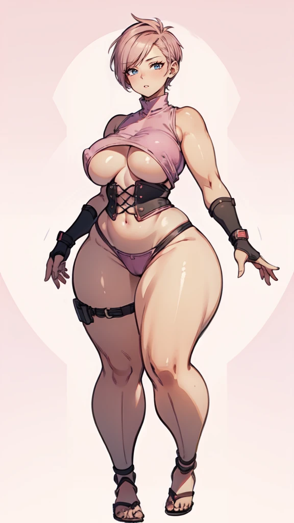 (masterpiece), best quality, female warrior, huge girl, female muscular:1.2, ((very short hair:1.6)), pink hair, big breast, (curvy:1.8), (((blank background))), ((full body)), fingerless gloves, sandals, sleeveless, covered nipples, (underboobs:1.3), tshi...