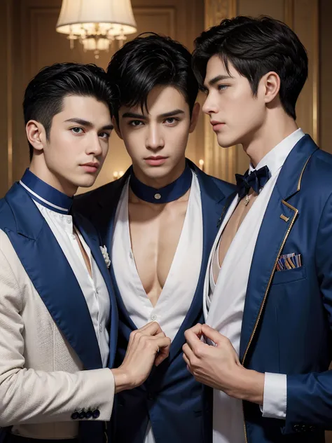 ((masterpiece)),((best quality)),8K,high detail,Very detailed, Very manly，3 men, like，fashion pose, Realistic skin texture, Light,
Royal blue style couple