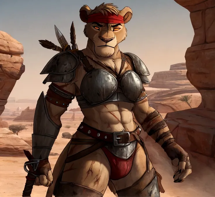 solo sexy anthro furry lion male mercenary medieval solider, slim endomorph muscular handsone model male apperance, headband, sw...