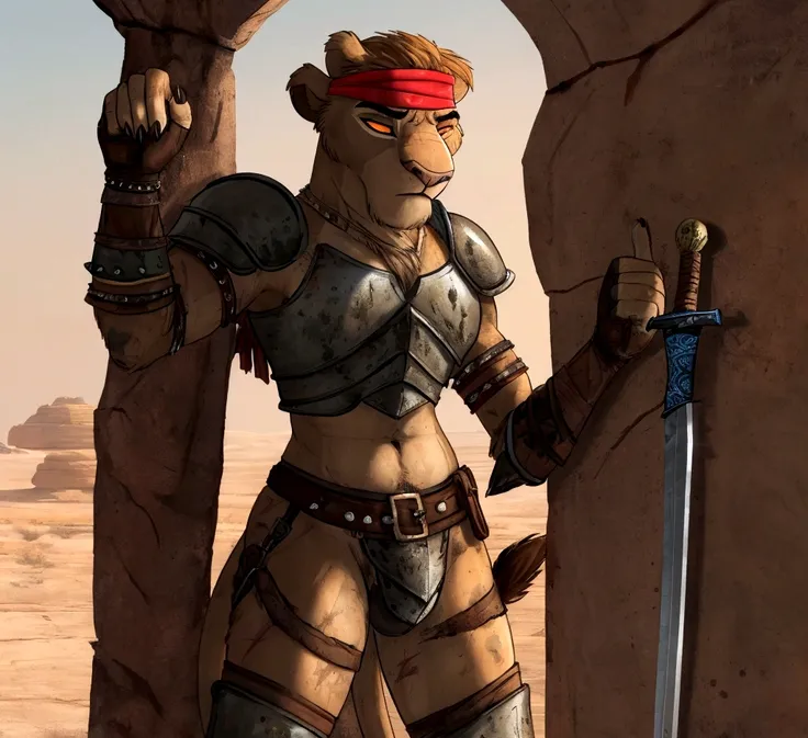 solo sexy anthro furry lion male mercenary medieval solider, slim endomorph muscular handsone model male apperance, headband, sw...