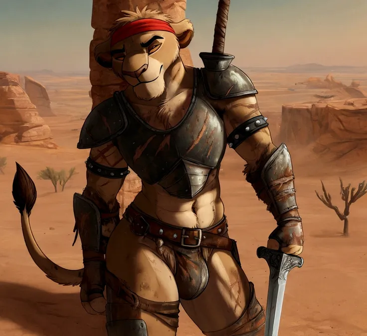 Solo Sexy anthro furry lion male mercenary medieval solider, slim endomorph muscular handsone model male apperance, headband, sword scars, worn out rusty skimpy armament, low on hips heavy leather belt, old very worn out skimpy dirty linen material jockstr...