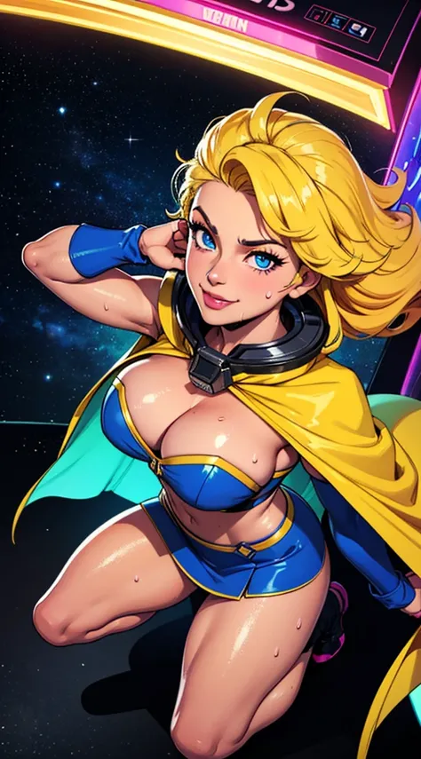 Digital painting of a woman with royal blue and yellow hair, super hero, muscle girl, pose, fist up, ((from above)), 1knee up, Behance Contest Winner, Afrofuturism, Synthwave, neon, glowing neon, sagging massive breasts, mini skirt, cape, sweat, glossy sil...