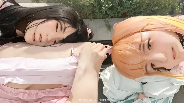 Two Asian girls with long hair and pink blouses posing for a photo., ulzzang, nixeu y Sakimichan, Instagram Template, trend on cgstation, two color hair, Sakimichan, shikami, inspired by Wang Duo, lalisa manobal, trend on cgstation, peach and gum style, th...