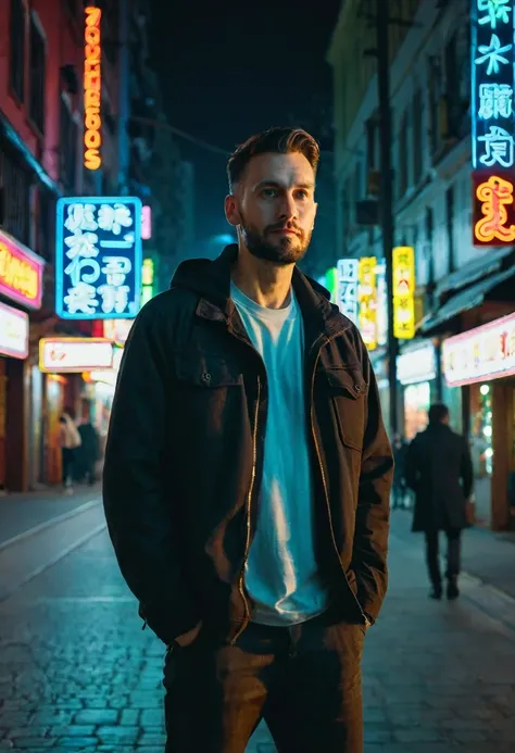 A single man of 30 years old is standing on the street at night. The light of neon signs