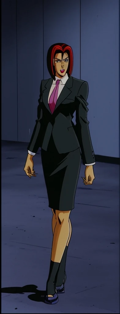 90s style Anime Evil black skinned business woman in a skirt suit 