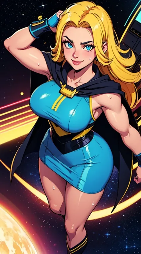 Digital painting of a woman with royal blue and yellow hair, super hero, muscle girl, pose, fist up, ((from above)), 1knee up, Behance Contest Winner, Afrofuturism, Synthwave, neon, glowing neon, sagging massive breasts, mini skirt, cape, sweat, glossy sil...