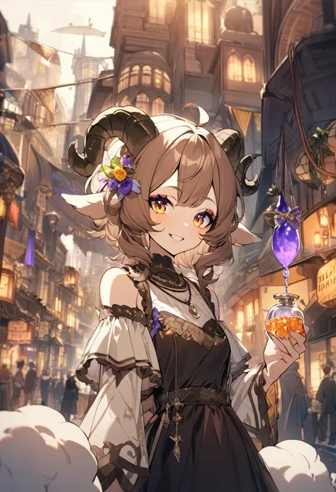 1girl, sheep satyr, sheep ears, sheep horns, sheep eyes, smiling, potions hanging from horns, expensive clothing, necklace with an elixir, very curly hair, slightly smudged makeup, blurred fantasy city background, brown hair, short hair, 