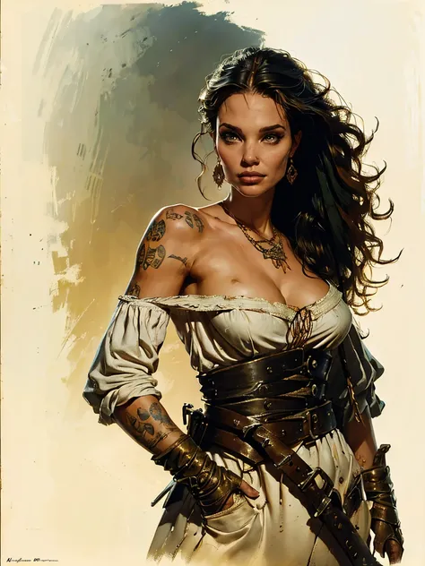 a young woman from the early 18th century based on Angelina Jolie, military dress uniform, tricorn, dungeons and Dragons 5th edition fancy illustration, highly detailed cinematic fancy portrait, black outline, colorful illustration, not Boris Vallejo style...