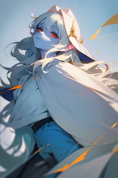 An elf with grayish blue skin, White hair, Long and wavy, dressed as a witch and looking up with her yellow and red eyes.