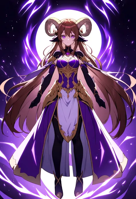 Make an anime character that is a humanized dragon with long brown hair, purple eyes, and purple clothes, that has goat horns and a purple tail