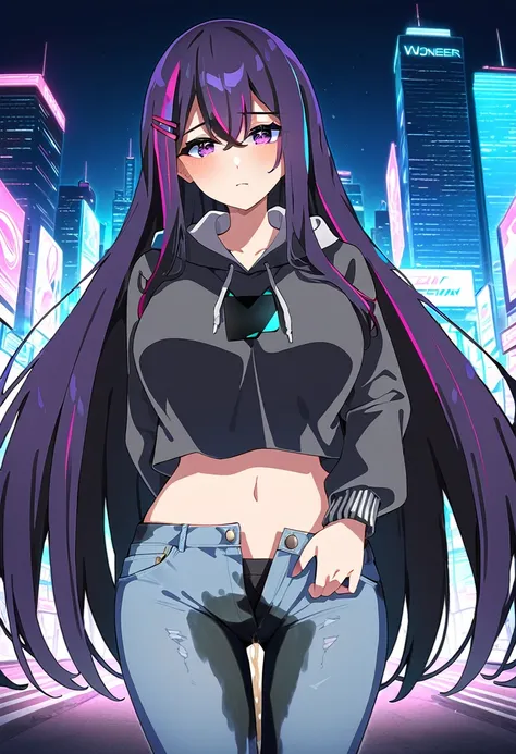 (masterpiece:1.37), best quality, (extremely detailed:1.37), woman, mature, adult, large breasts, (very long hair:1.5), dark purple hair, purple eyes, (extremely detailed eyes:1.37), hoodie, jeans, open fly, desperation, (wetting: self 3.0), standing, city...