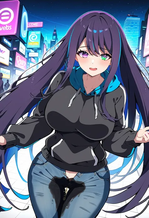 (masterpiece:1.37), best quality, (extremely detailed:1.37), woman, mature, adult, large breasts, (very long hair:1.5), dark purple hair, purple eyes, (extremely detailed eyes:1.37), hoodie, jeans, open fly, desperation, (wetting: self 3.0), standing, city...