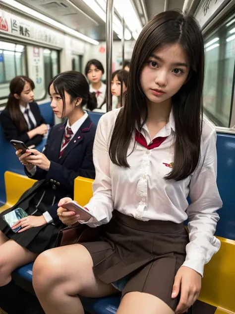 (masterpiece:1.2)、(Photorealistic:1.1)、Realistic, Ultra-high resolution, Highest quality, Real Life Photos ,( In the evening :1.1),(((Showing panties:1.4)))、((Visible panties:1.4))、((A girl sitting on a Yamanote Line train and looking at her smartphone))、
...