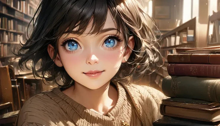 1girl, solo, gentle smile on her face flat chest, short hair, blue eyes, (detailed eyes), black hair, upper body, ((masterpiece, illustration, best quality)) ((best quality)), ((masterpiece)), (detailed), perfect face, A young woman wearing vintage clothes...