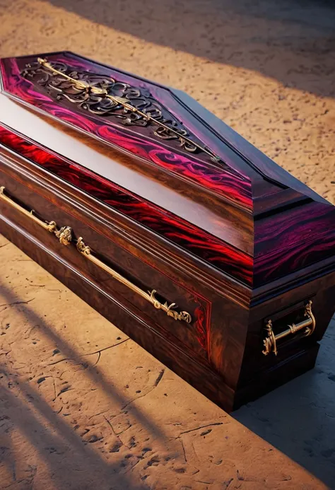 create an image demonstrating the styled of ((Coffin)) styled, hyper realism, 8k high definition, swirly vibrant colors, sharp focus, incredibily detailed