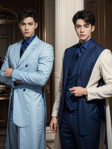 ((masterpiece)),((best quality)),8K,high detail,Very detailed, Very manly，3 men, like，fashion pose, Realistic skin texture, Light,
Royal blue style couple