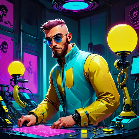 A bald guy with a brown beard, athletic body, wearing yellow leather jacket with blue neon, sunglasses, robotic arm implants, connected ends, in his bedroom, using a computer to hack, futuristic atmosphere, night-time, cyberpunk style, POV view