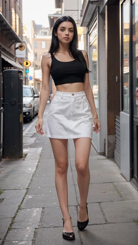 sexy white girl, black hair, walking in the street, full body lenght