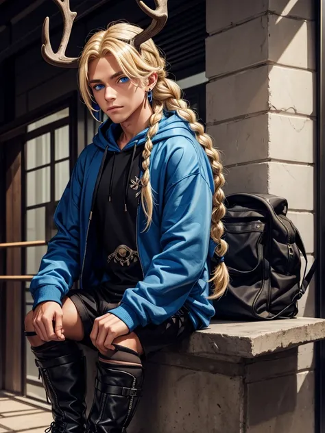 Feminine male with blonde hair in a braid, blue eyes, deer skull mask, black scelras, earrings, blue hoodie and black shorts with brown boots