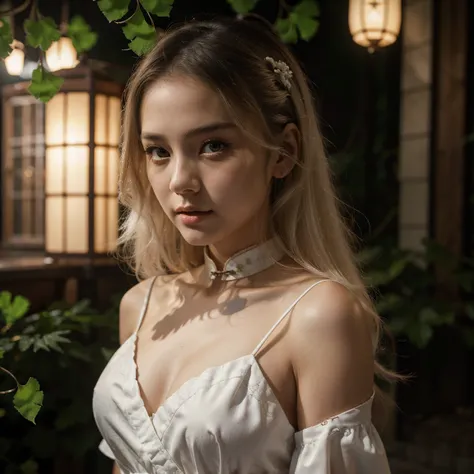 best quality，masterpiece，ultra high resolution，（realism：1.4），original photo，1 girl，take off shoulders，in the dark night，deep shadow，low pitch，cold light，long white hair，face highlight，pure，Full of girly feeling，18 years old，cheongsam，ginkgo