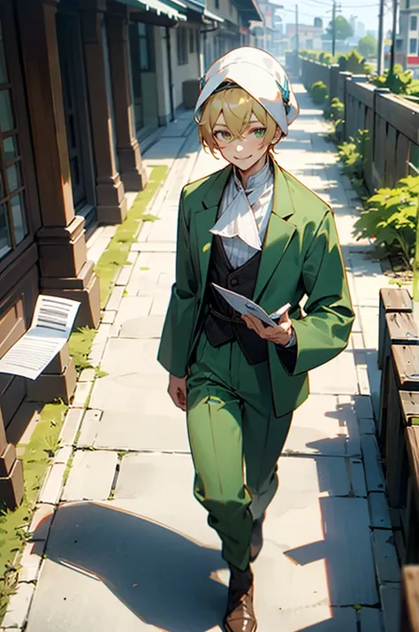 Male, blonde hair, short hair, wearing Bonet, caramel eyes, green clothes, holding papers, smilling, walking through Village