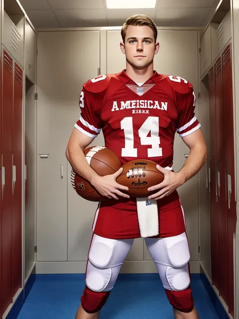 photo of ryanperson in American football lockerroom, posing next to locker, dressed as American football player, (red:0.5) uniform, (full-length sports jersey), (smirk:0.5)