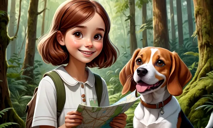 Draw a young girl with brown hair. with a look of happiness having found a map in dense forest looking at the map. Next to her a happy brown and white beagle 