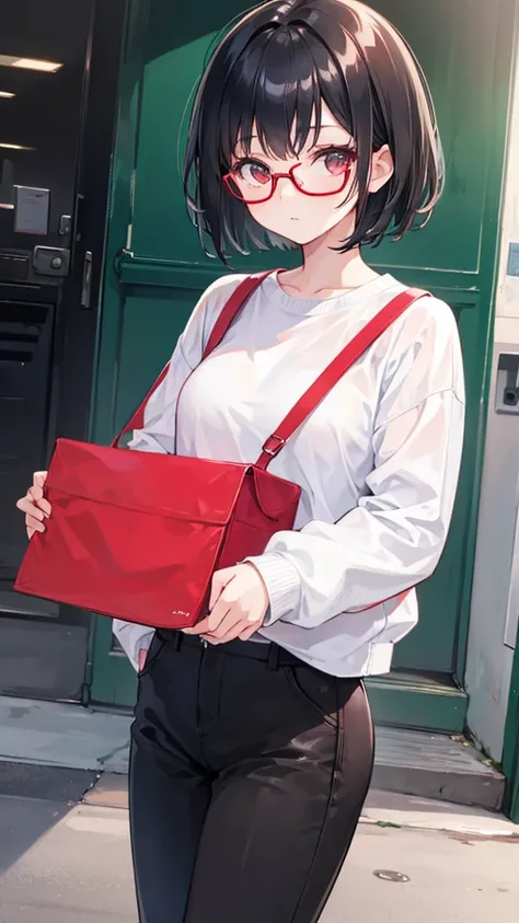 Girl with short black hair, Wearing a red pair of glasses