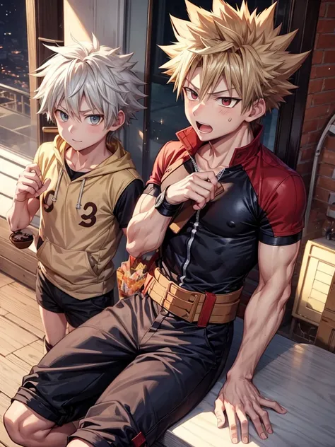 Bakugou Katsuki anime with his hero costume giving a chocolate 