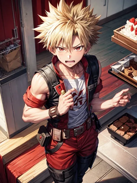 Bakugou Katsuki anime with his hero costume extending his hand to give a chocolate 