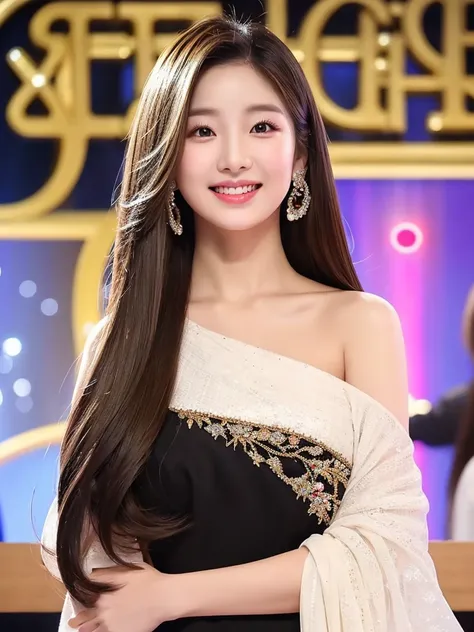 A young Korean adult of 24 with a cheerful and captivating appearance. Her hair is long and straight, highlighting her beauty and shine in dark blonde colors. 
Her face is oval, and her eyes are large and expressive, carrying a captivating expression of si...