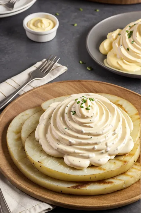 Image or logo of potatoes with mayonnaise on a plate or fountain