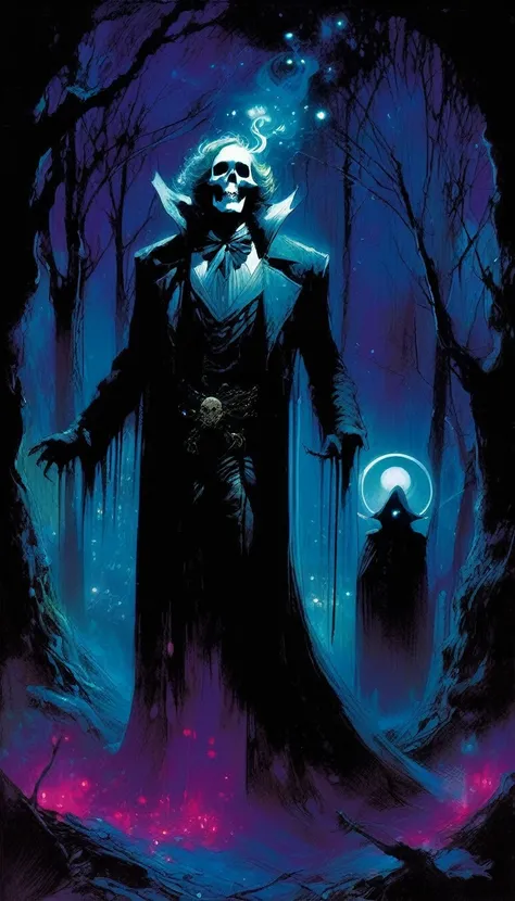 love and death, magic, dark, fantasy, night, inspired by Bill Sienkiewicz
