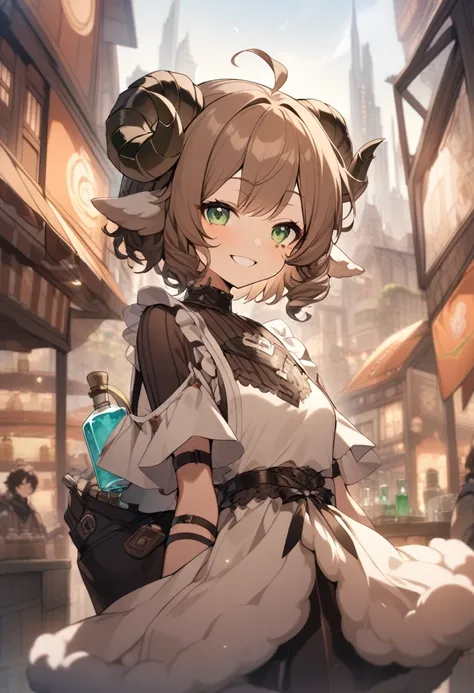 1girl, smiling, sheep satyr, sheep ears, sheep horns, sheep eyes, curly brown hair, short hair, slightly smudged makeup, expensive clothing, potions, blurred fantasy city background