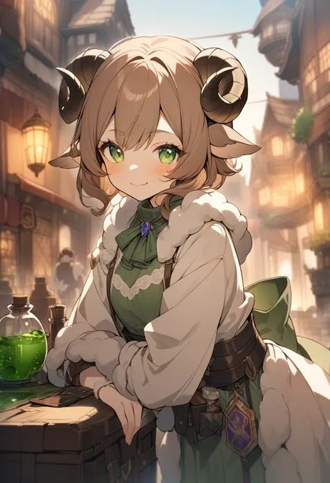 1girl, smiling, sheep satyr, sheep ears, sheep horns, sheep eyes, curly brown hair, short hair, slightly smudged makeup, expensive clothing, potions, blurred fantasy city background